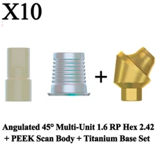 10 Set Angulated 45° Multi-Unit 1.6 RP Int Hex 2.42 PEEK Scan Body Titanium Base