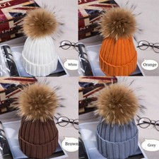 2024Hot Women Winter Racoon Fur Pom Pom 18cm Ball Knit Beanie Ski Cap Bobble Hat