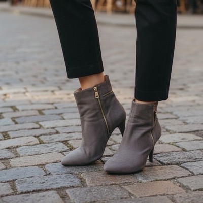 Bellini Claudia Ankle Boots Womens 7W Grey Faux Suede Kitten Heel Gold Zip
