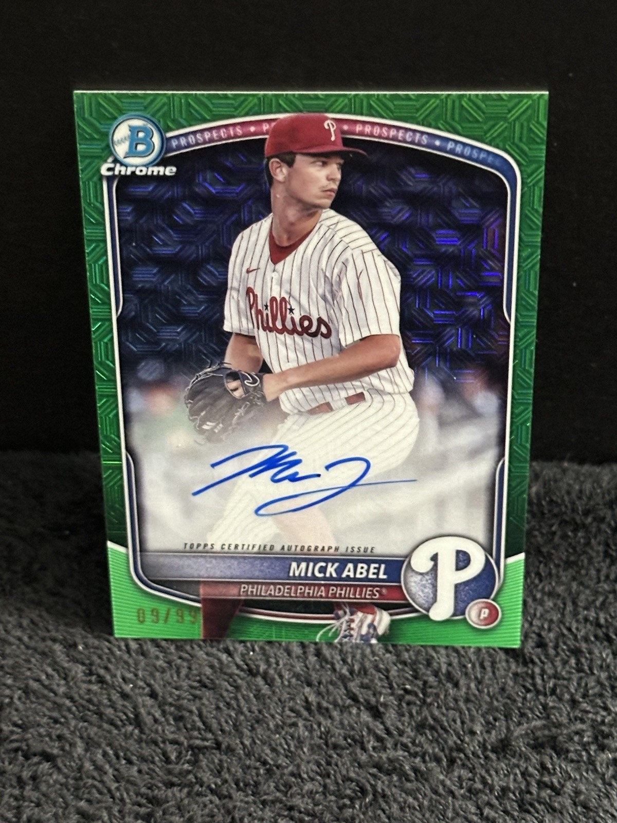 Mick Abel 2025 Bowman Chrome Mega Green Refractor Auto /99 Philadelphia Phillies