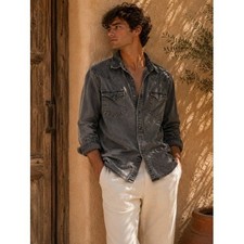 Levis Mens Gray Denim Western Pearl Snap Shirt Standard Fit Small COWBOY Classic