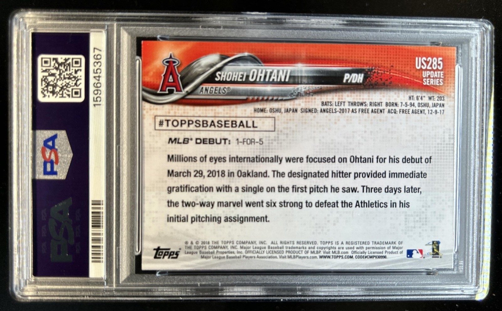 2018 Topps Update Shohei Ohtani RC Rookie #US285 Angels PSA 9 view 2