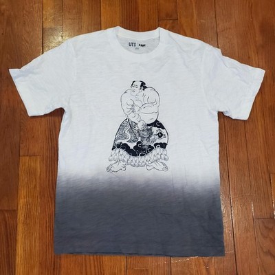 Uniqlo Shirt Mens Small White Sumo Wrestler Graphic Ombre Dip Dye Tee Japan