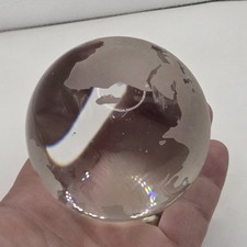 Glass Globe Earth Continents Clear  Etched Glass 3" Round Paper Weight Display