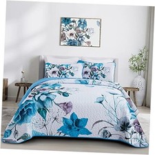Floral Quilt Set 3 Pieces Boho Floral Quilt Coverlet Set Soft Queen Blue