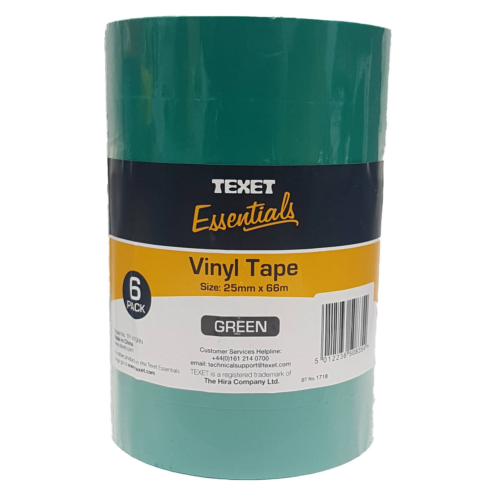 Texet Essentials 25mm x 66m Vinyl Tape Green - Pack of 6 Rolls