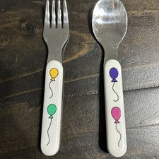 Vintage Toddler Fork Spoon Set Stainless Taiwan Balloon Design