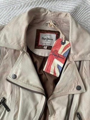 Pepe Jeans Lederjacke Damen XS beige Bikerjacke Echtleder NP 270 