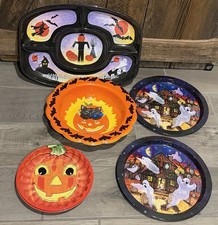 VTG Halloween Lot Of 5 Serving Bowls Platters Retro Graphics Ullman Berman Metal