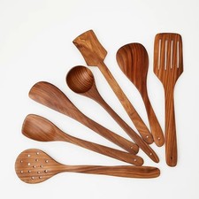 Juego de utensilios de cocina de madera de acacia natural de 7 piezas herramientas de cocina de madera para el hogar