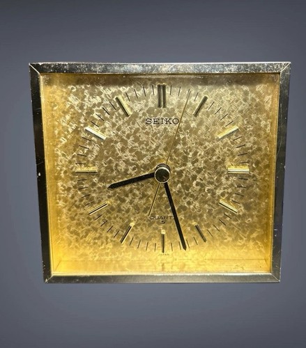 Vintage 80s Seiko Square Metal Gold Tone Brass Quartz Desk Clock QZ587G Untested - Bild 1 von 10