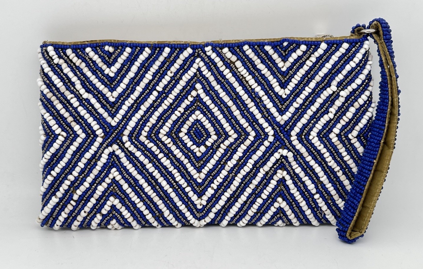 Pink House Handmade Beaded Clutch Purse Blue White Geometric GORGEOUS 9”x5”