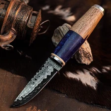 Gift-Ready 8.7" Damascus / Steel Knife Half Tang Hunt it Hunt + Leather Sheath