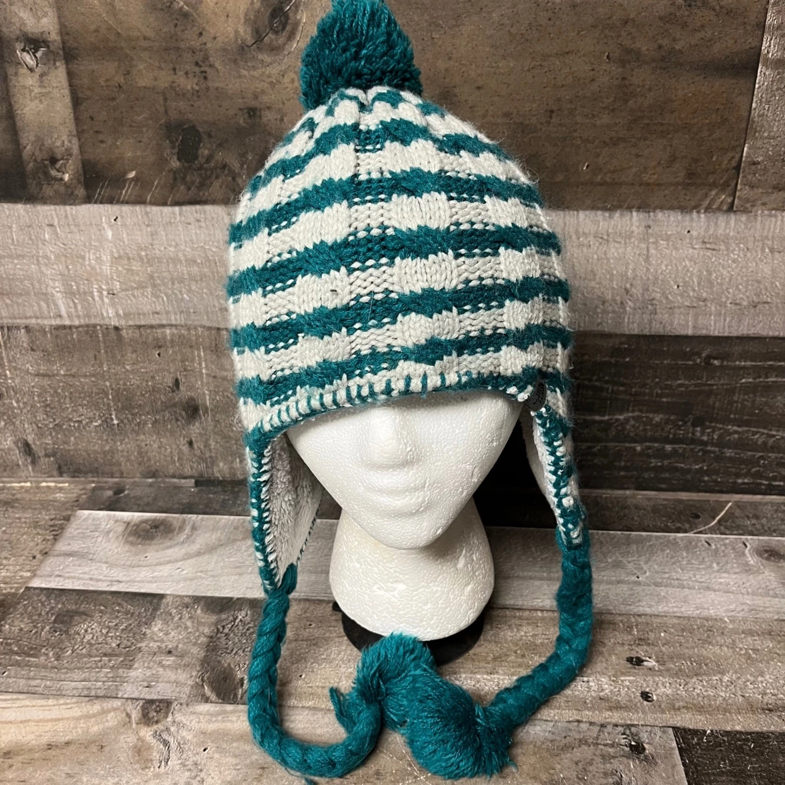 The North Face Women Striped Knit Winter Hat Earflap Pom Pom Teal White One Size