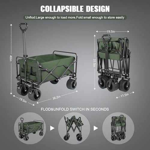 Carro de playa plegable plegable, carrito plegable con ruedas Verde botella