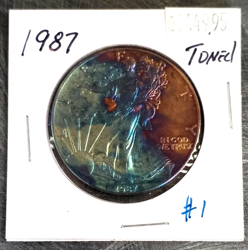 1987 American Silver Eagle Coin Monster Rainbow Toning 1 Oz US $1 Uncirculated