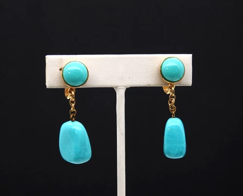 Vintage Signed Trifari Jewelry Dangle Drop Earrings Clip On Lucite Turquoise