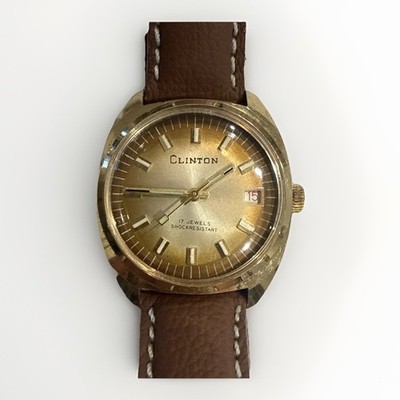 Vintage Clinton 17 Jewel Mechanical Watch | Gold Sunburst Dial | Date | Runs