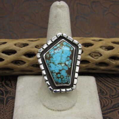 *Sterling Silver Polygon Stamped Border Turquoise Ring by Jose Campos Size 8.75