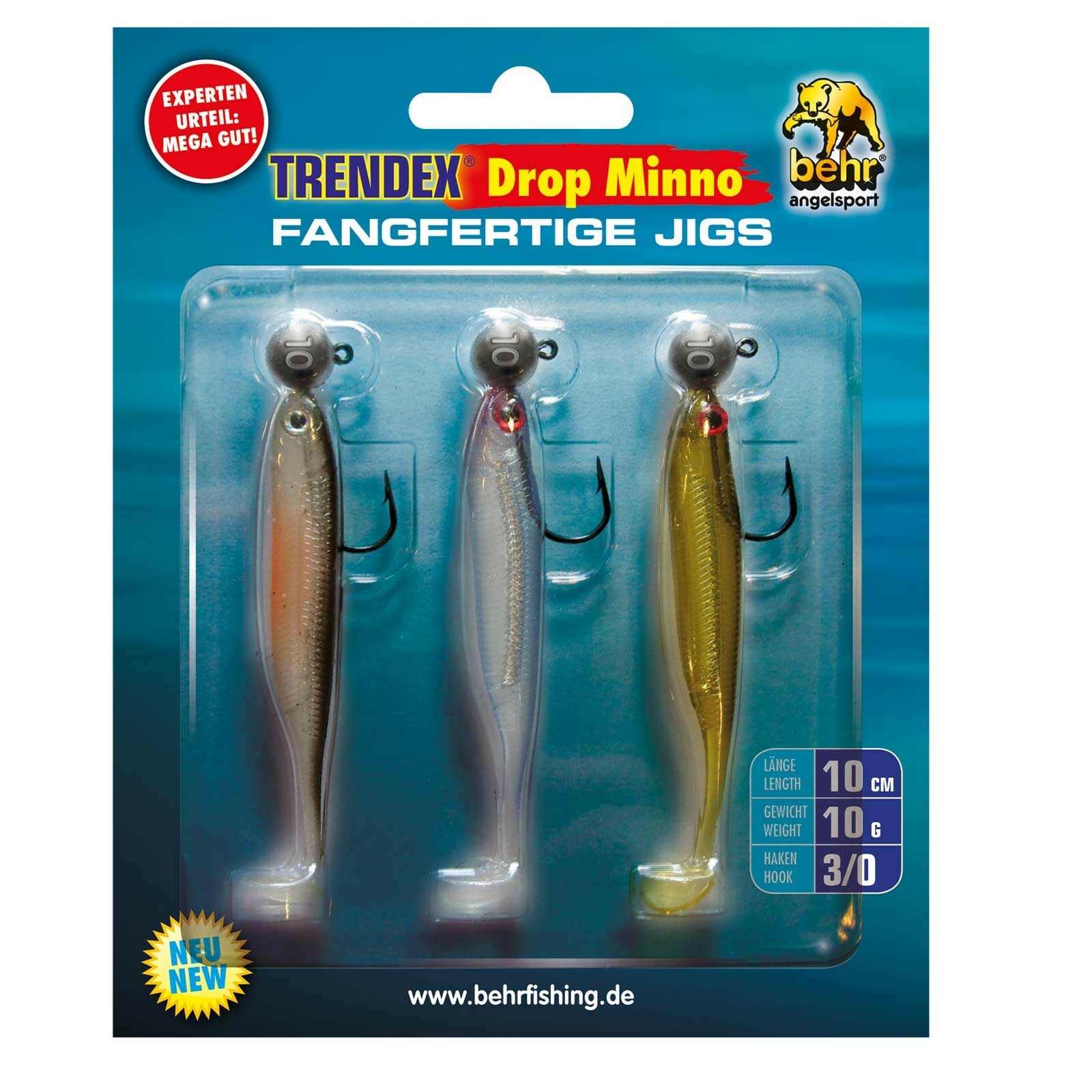 Behr Drop Minno Gummifisch 10cm Set montiert. 3 Stück Zander Hecht Angelset