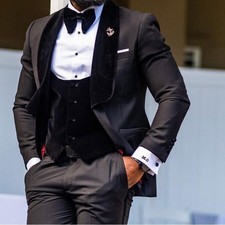 2022 Slim Fit Men's Black Suit Wedding Velvet Lapel 3 Piece Blazer Set