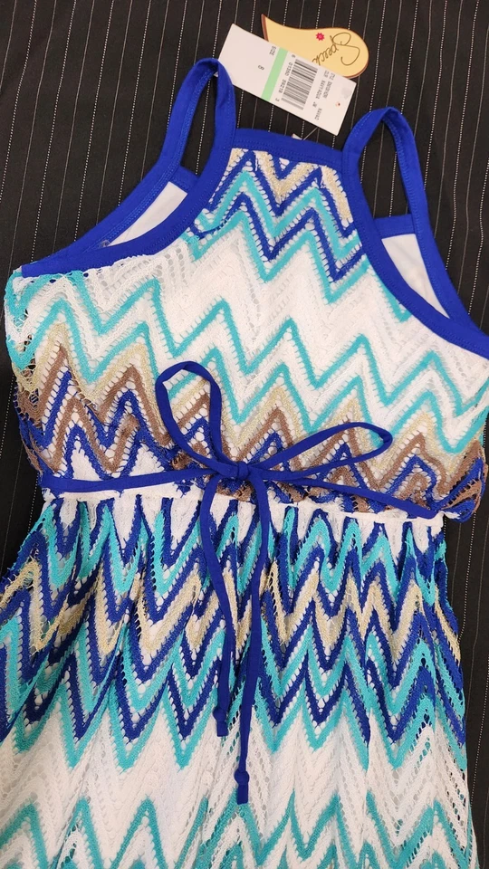 Maxi Vestido Forrado Sin Hablas Azul Chevron Rayas Crochet Encaje Superposición Talla 8 Foto 3 de 4