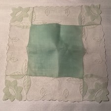 Green Linen 12 Bridal Vintage Hanky Handkerchief Wide Floral Embroider Net Lace