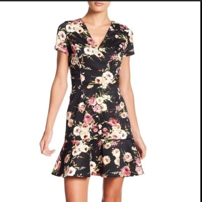 #ad Aqua Ady Floral Printed Ruffle Hem Dress Size Large Moody Black Multicolor NEW $22.46
