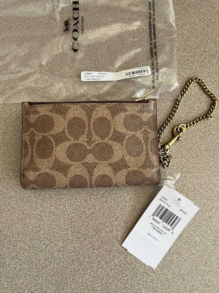 Coach zip chain card case signature canvas brass tan rust Coach zip chain card case signature canvas brass tan rust