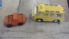 70s 2 Tootsietoy Die Cast Toy Buzy Bee Bus Yellow Van and Truck Vintage USA Made