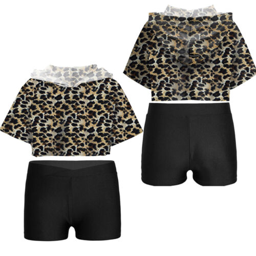 Kids Girls Hooded Waistband Tracksuit Outfit Crop Top Workout With Shorts - Afbeelding 1 van 18
