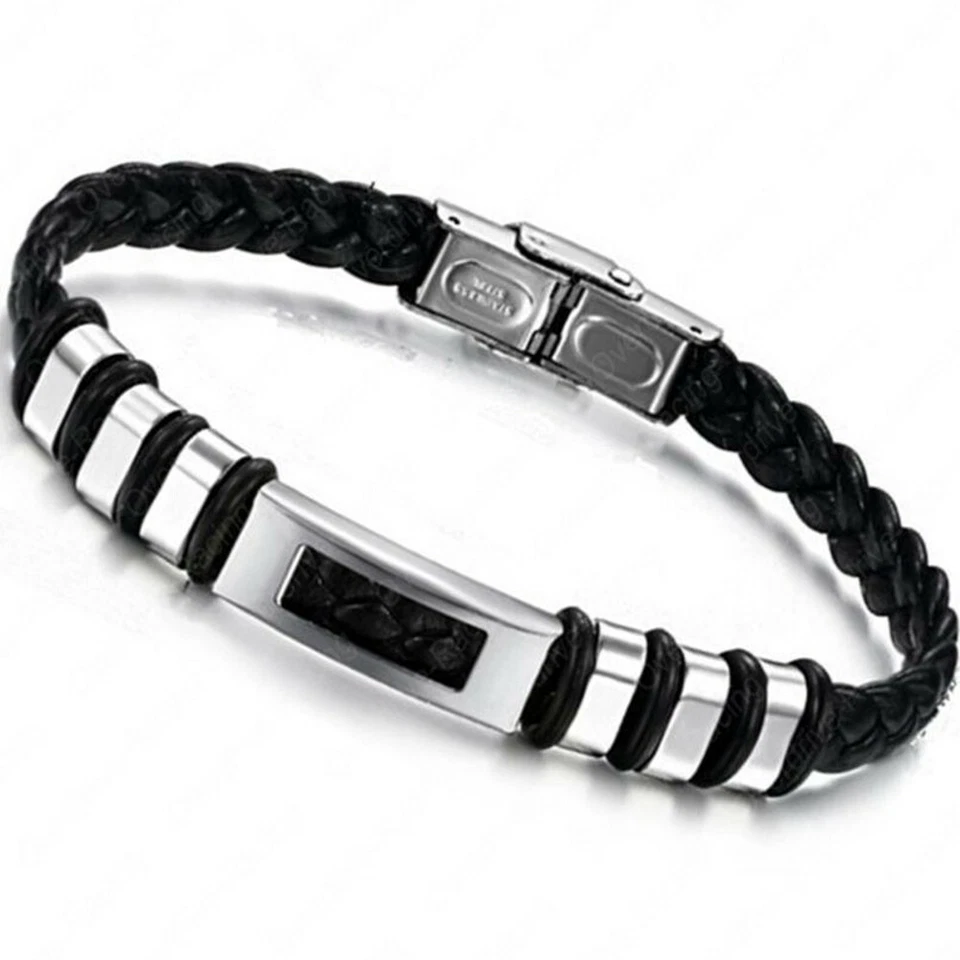 Herren Armband Surfer Damen Surferarmband Edelstahl schwarz Kunstleder Band - Bild 1 von 1