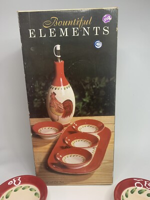 Rooster Bountiful Element Bread and Oil Set, Oil bottle, Bread Tray 4 Plates NIB