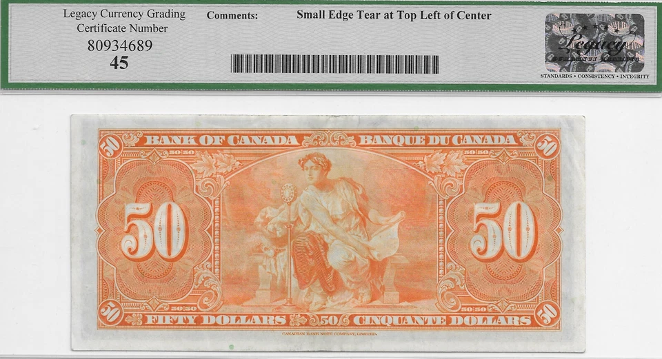 1937 Bank of Canada $50 Coyne-Towers BC-26c; Legacy graded EF 45 - Image 2 of 2