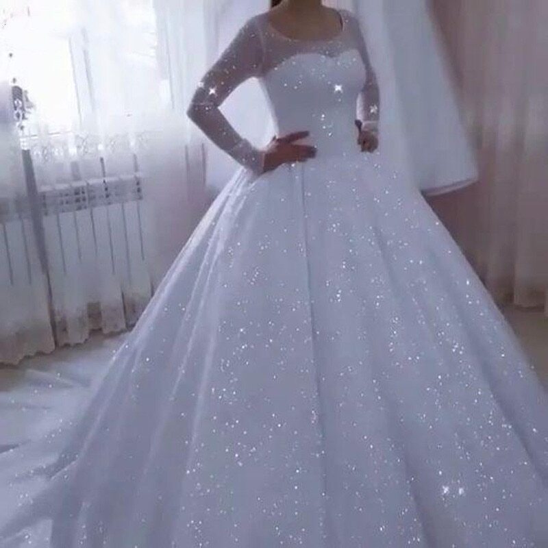 Sparkle Ball Gown Wedding Dresses Long Sleeve Plus Size Princess Bridal  Gowns