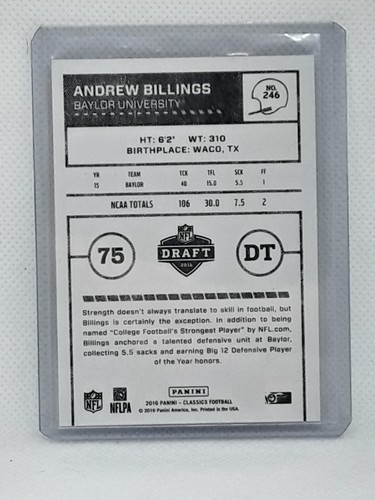Andrew Billings 2016 Classics Football - #246 RC - Baylor Bears - Picture 2 of 2