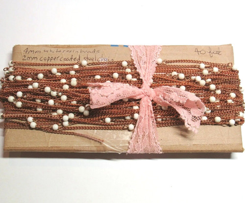 1950s Vtg Bulk 40 Feet Copper On Steel Curb Link Chain With White Bead Stations