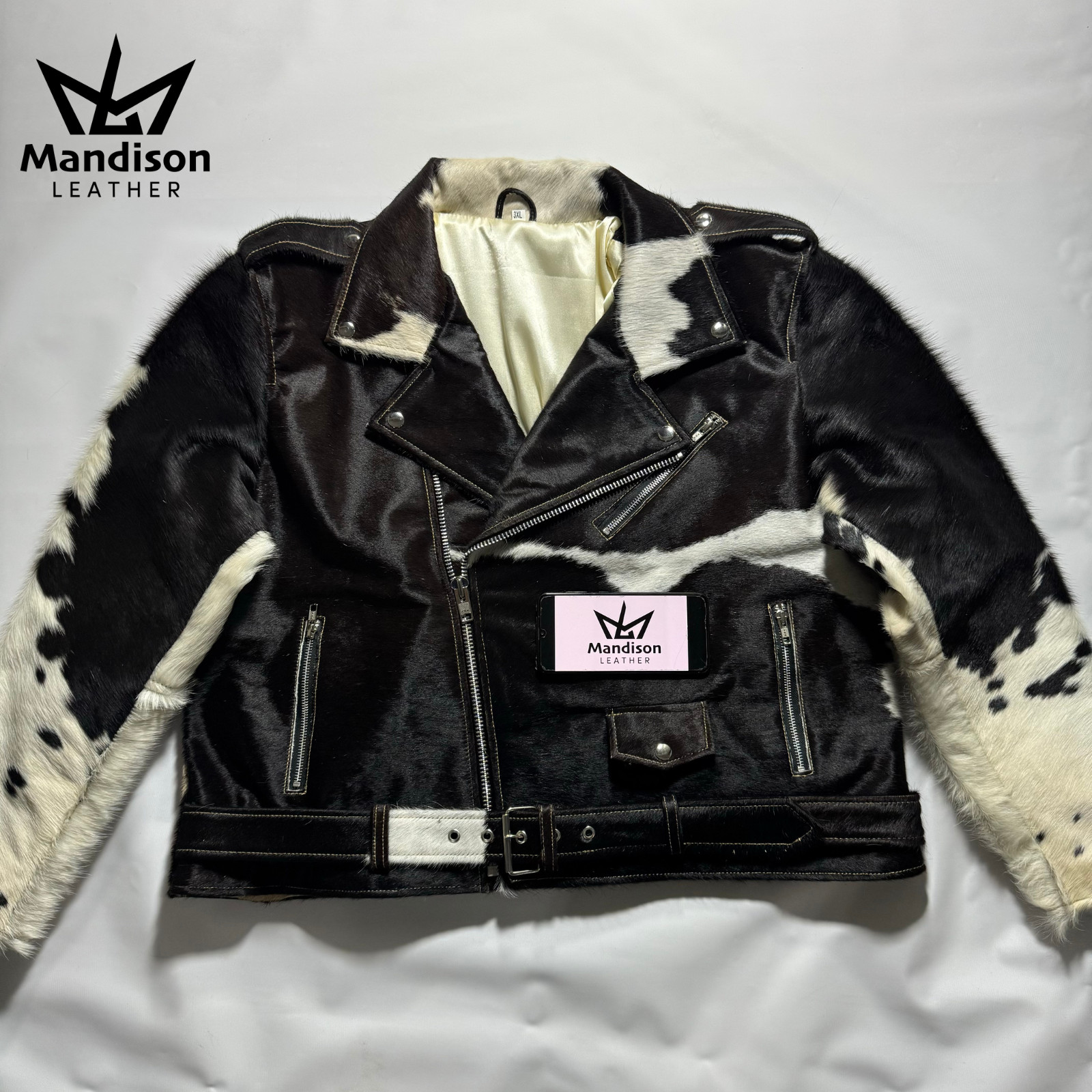 Chaqueta de cuero real de piel de vaca pelo sobre piel para hombre y mujer en blanco y negro.
