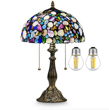 Tiffany Style Table Lamp Natural Shell Stained Glass Amethyst Vintage Bedside