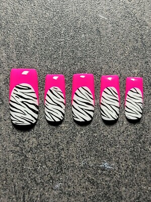 Custom Gel Press on Nails fake nails Handmade 10 pc set SMALL Neon Pink Zebra