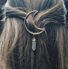 Elegant Crescent Moon Hair Clip with Hexagonal Natural Stone Pendant, Transparen