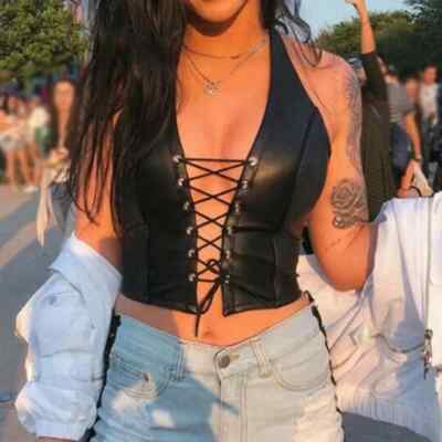 Sexy Womens Tanks Vests Solid Black PU Leather Gothic Lace Up Deep