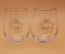 Crystal Stemless Wine Glass Set of 2 Engagement Bride Groom Mr. Mrs. gag novelty