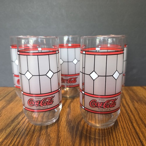 VINTAGE LIBBEY COCA COLA GLASSES FROST TIFFANY STYLE WINDOW PANE STAINED 5 SET