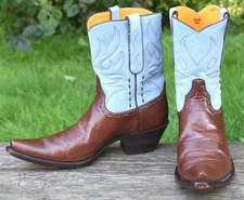 STALLION Women’s Custom Leather Pale Blue Brown Peewee Style Cowgirl Boots 9.5M