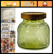 Vintage Green Glass Jar with Airtight Wooden Lid 40oz - Embossed Kitchen Storage
