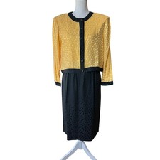 Papell Petites Vintage 100 Silk 2 Piece Skirt Set Yellow Black Jacquard Size 12