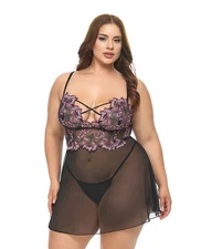 Adela Embroidered Boned Lace and Mesh Babydoll w/G-String 2 pc Set - Black/Pink