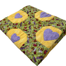 Vintage Handmade Patchwork Heart Ladybug Quilt Lap Blanket Baby 39x48 Wall Hang