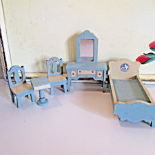 Vintage blue and yellow wood doll house bedro...